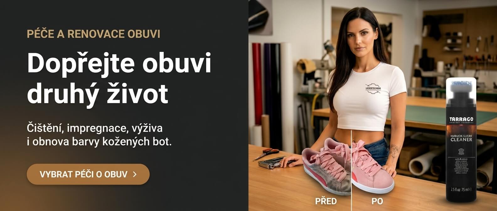 Klárka v dílně ukazuje čištění růžové semišové tenisky před a po renovaci; vedle je čisticí přípravek Tarrago Nubuck Suede Cleaner.